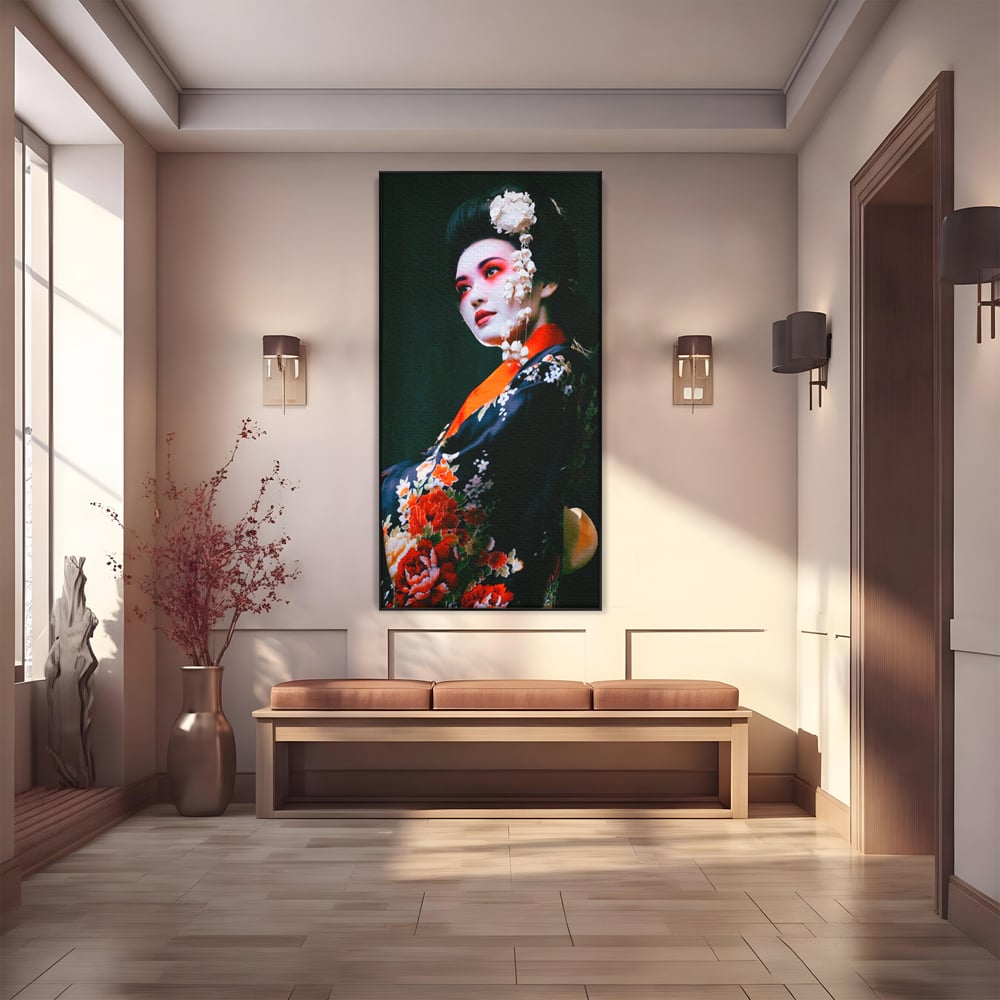 Tablou Canvas Premium LuxCanva® A1266, Geisha, Artista, Dansatoare, Fumusete Japoneza, Dormitor, Culori Vibrante