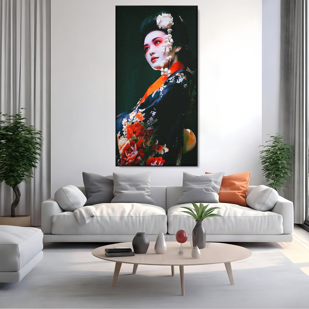 Tablou Canvas Premium LuxCanva® A1266, Geisha, Artista, Dansatoare, Fumusete Japoneza, Dormitor, Culori Vibrante