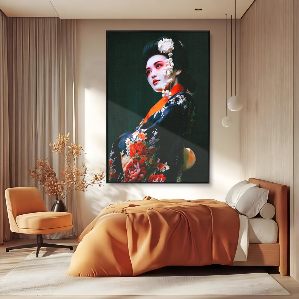 Tablou Canvas Premium LuxCanva® A1266, Geisha, Artista, Dansatoare, Fumusete Japoneza, Dormitor, Culori Vibrante
