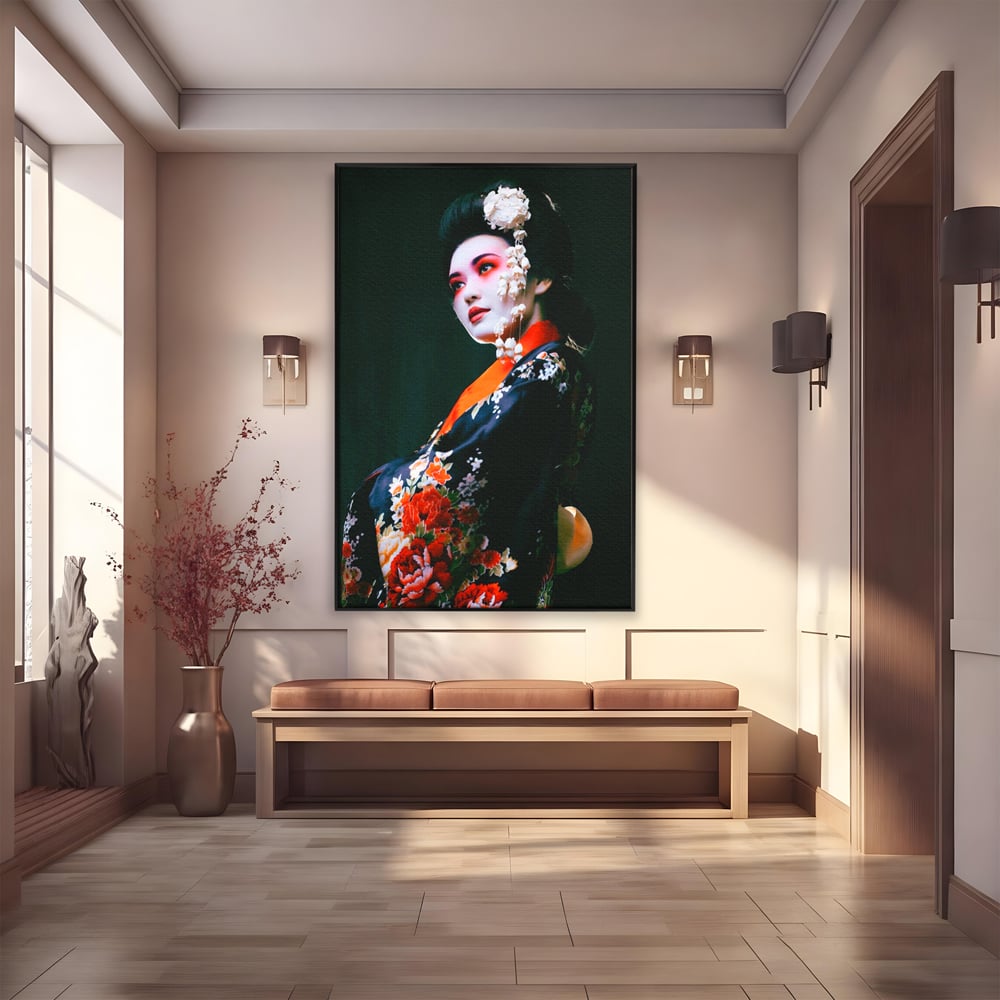 Tablou Canvas Premium LuxCanva® A1266, Geisha, Artista, Dansatoare, Fumusete Japoneza, Dormitor, Culori Vibrante