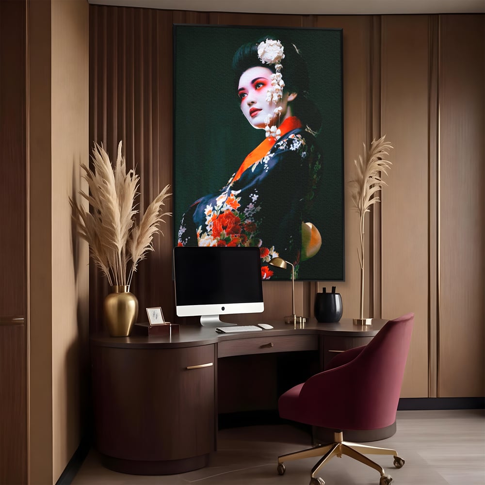 Tablou Canvas Premium LuxCanva® A1266, Geisha, Artista, Dansatoare, Fumusete Japoneza, Dormitor, Culori Vibrante