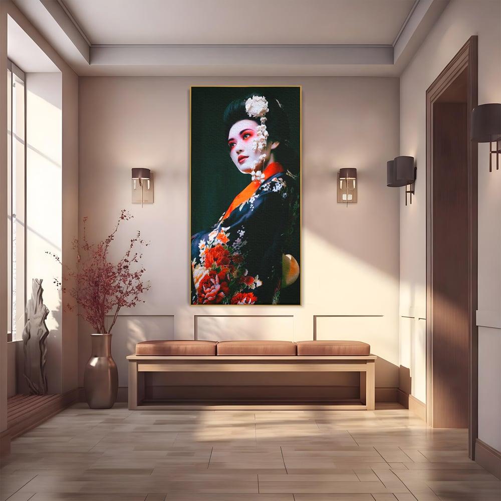 Tablou Canvas Premium LuxCanva® A1266, Geisha, Artista, Dansatoare, Fumusete Japoneza, Dormitor, Culori Vibrante