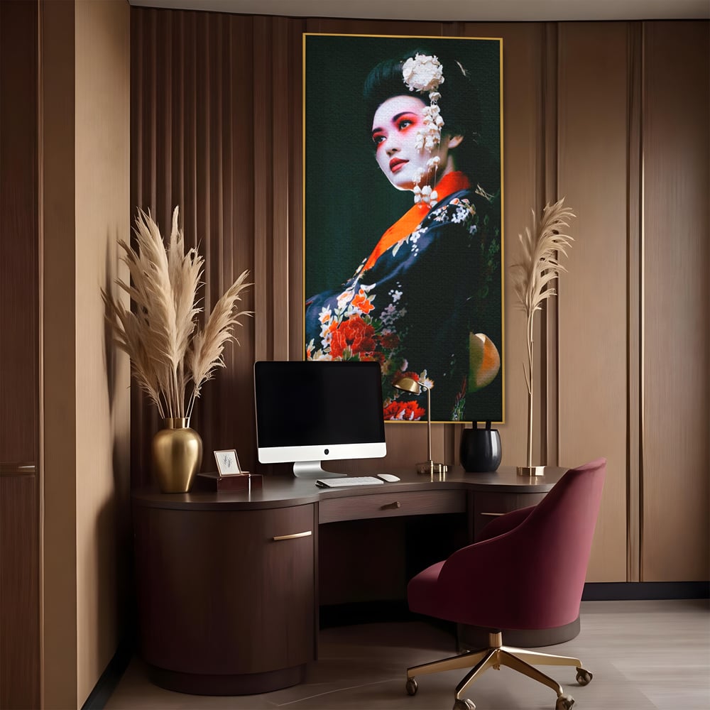 Tablou Canvas Premium LuxCanva® A1266, Geisha, Artista, Dansatoare, Fumusete Japoneza, Dormitor, Culori Vibrante