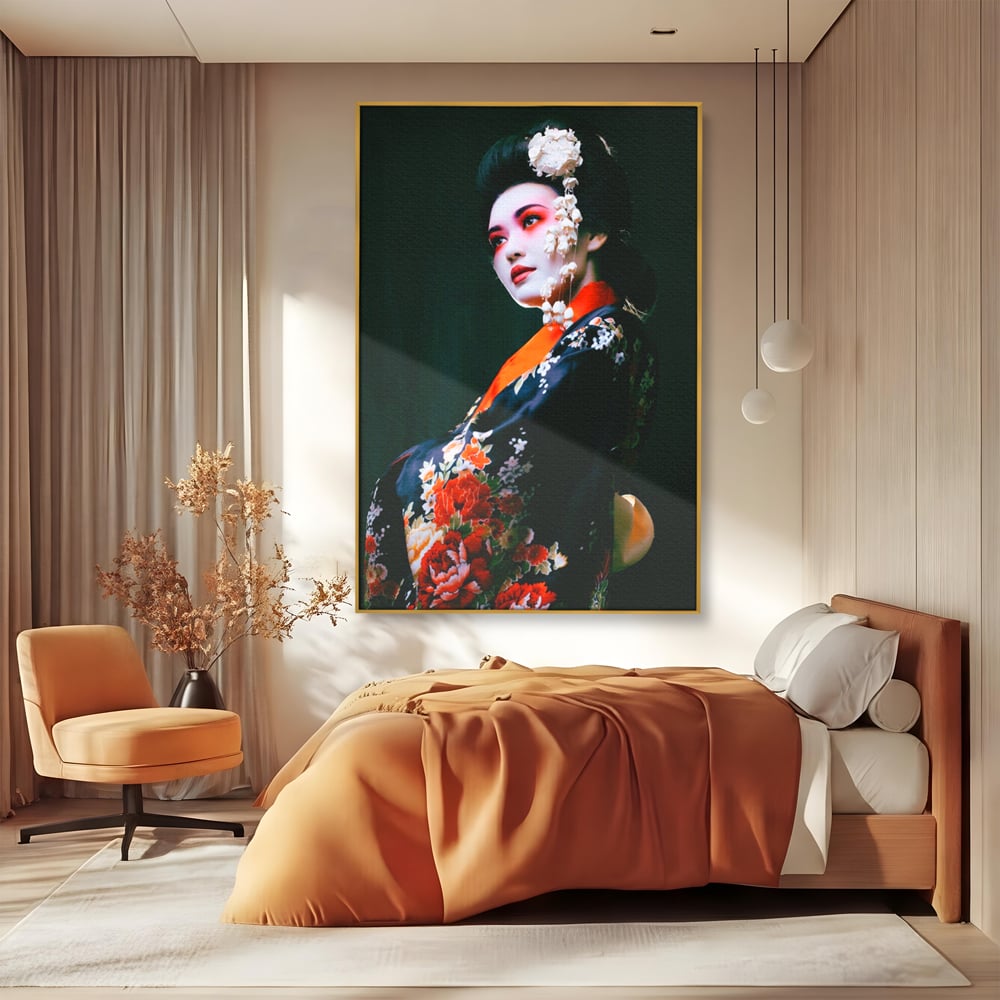 Tablou Canvas Premium LuxCanva® A1266, Geisha, Artista, Dansatoare, Fumusete Japoneza, Dormitor, Culori Vibrante