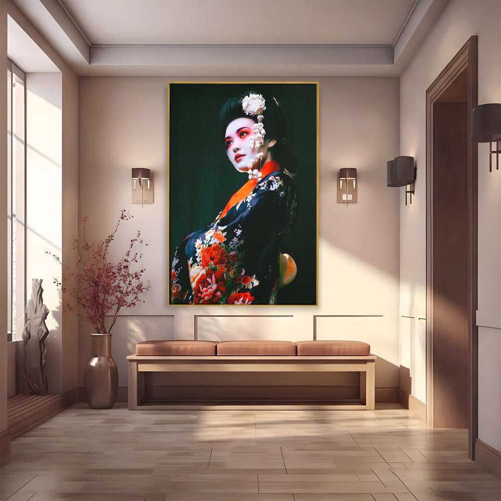 Tablou Canvas Premium LuxCanva® A1266, Geisha, Artista, Dansatoare, Fumusete Japoneza, Dormitor, Culori Vibrante