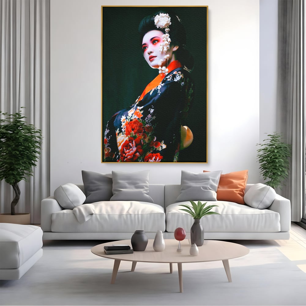 Tablou Canvas Premium LuxCanva® A1266, Geisha, Artista, Dansatoare, Fumusete Japoneza, Dormitor, Culori Vibrante