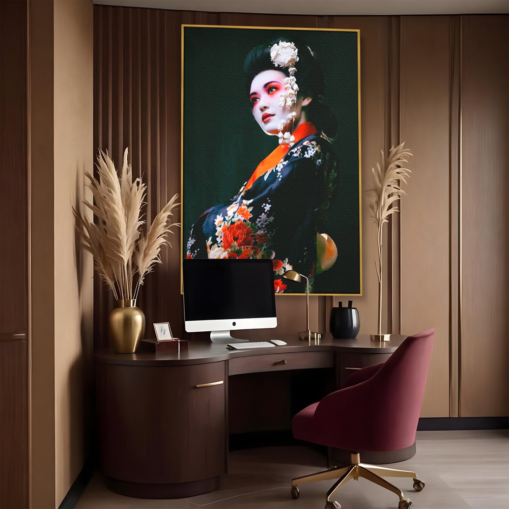 Tablou Canvas Premium LuxCanva® A1266, Geisha, Artista, Dansatoare, Fumusete Japoneza, Dormitor, Culori Vibrante