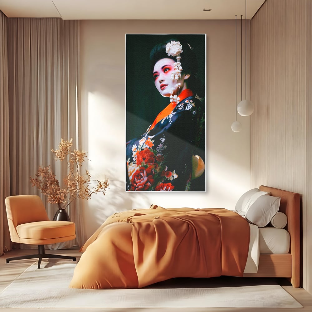 Tablou Canvas Premium LuxCanva® A1266, Geisha, Artista, Dansatoare, Fumusete Japoneza, Dormitor, Culori Vibrante