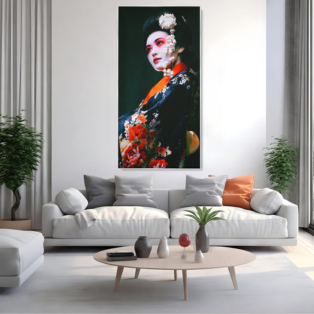 Tablou Canvas Premium LuxCanva® A1266, Geisha, Artista, Dansatoare, Fumusete Japoneza, Dormitor, Culori Vibrante
