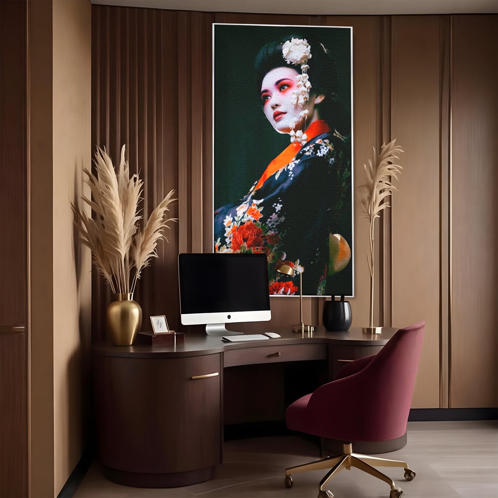 Tablou Canvas Premium LuxCanva® A1266, Geisha, Artista, Dansatoare, Fumusete Japoneza, Dormitor, Culori Vibrante