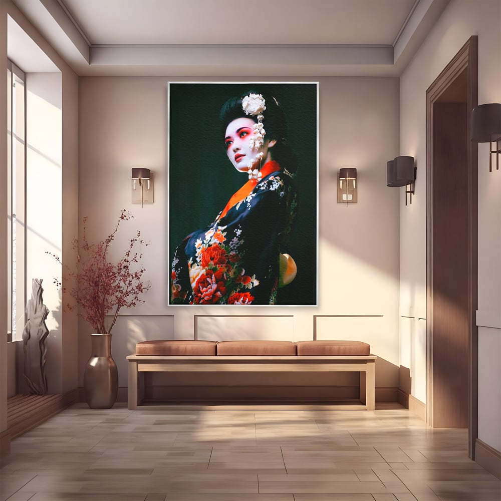 Tablou Canvas Premium LuxCanva® A1266, Geisha, Artista, Dansatoare, Fumusete Japoneza, Dormitor, Culori Vibrante