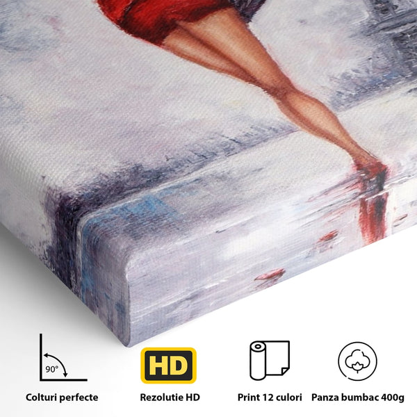 Tablou Canvas Premium LuxCanva® A1267, Lady In Paris, Femeie, Turnul Eiffel, Rochie Rosie, Dormitor, Culori Vibrante