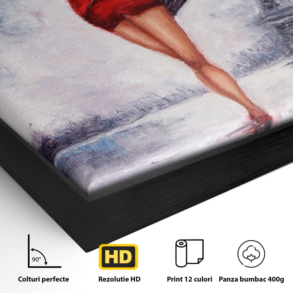 Tablou Canvas Premium LuxCanva® A1267, Lady In Paris, Femeie, Turnul Eiffel, Rochie Rosie, Dormitor, Culori Vibrante