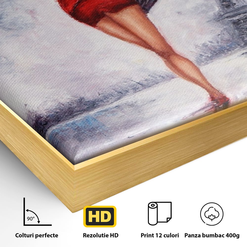 Tablou Canvas Premium LuxCanva® A1267, Lady In Paris, Femeie, Turnul Eiffel, Rochie Rosie, Dormitor, Culori Vibrante