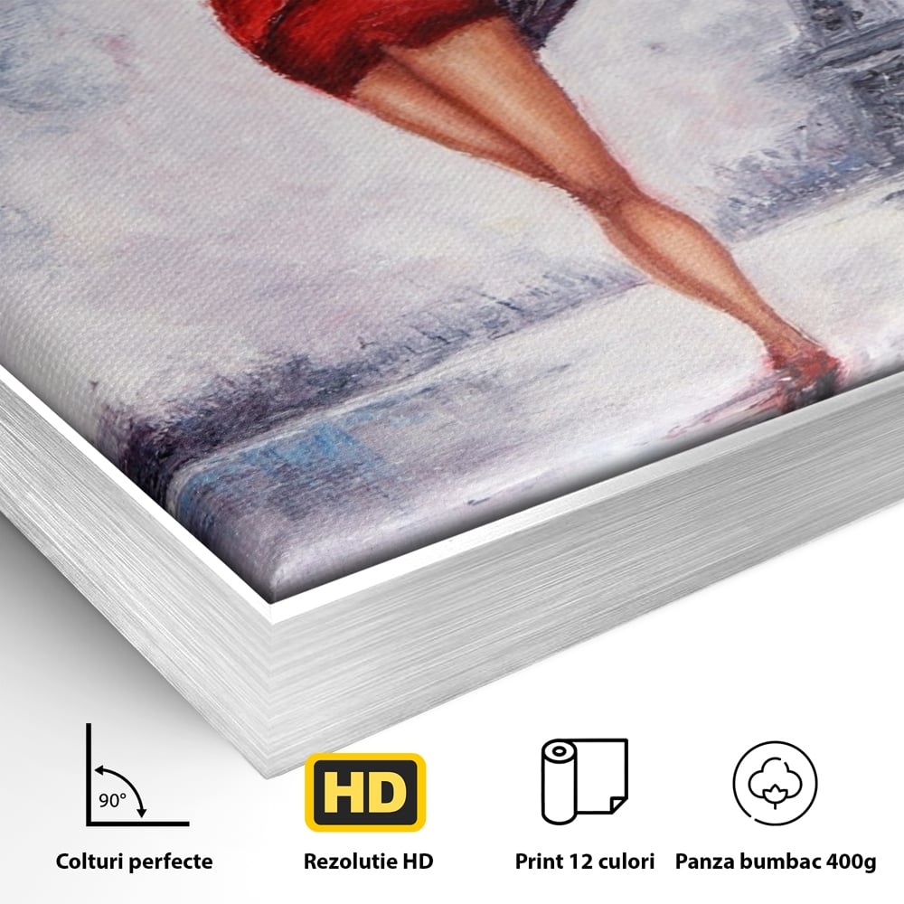 Tablou Canvas Premium LuxCanva® A1267, Lady In Paris, Femeie, Turnul Eiffel, Rochie Rosie, Dormitor, Culori Vibrante