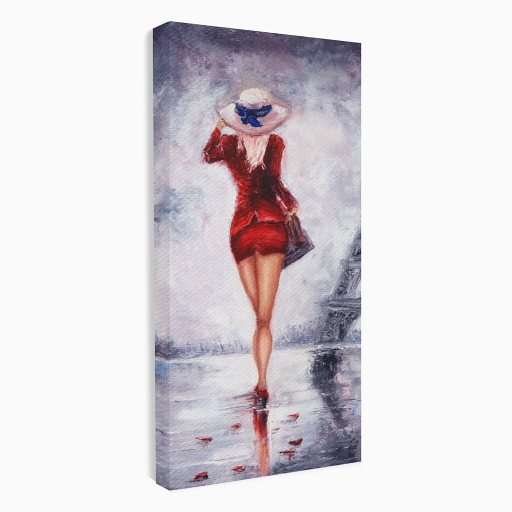 Tablou Canvas Premium LuxCanva® A1267, Lady In Paris, Femeie, Turnul Eiffel, Rochie Rosie, Dormitor, Culori Vibrante