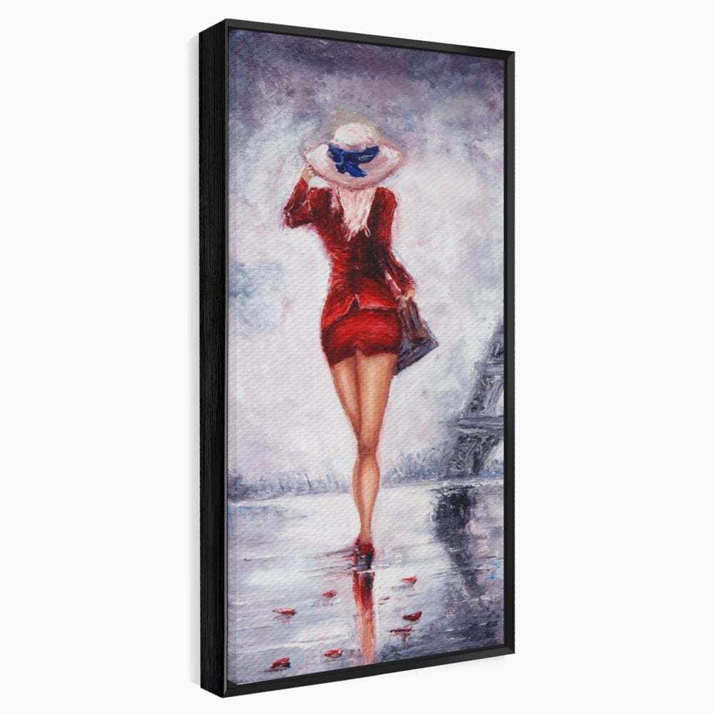Tablou Canvas Premium LuxCanva® A1267, Lady In Paris, Femeie, Turnul Eiffel, Rochie Rosie, Dormitor, Culori Vibrante