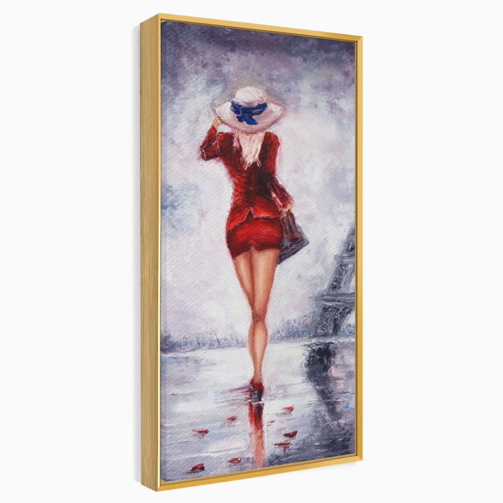 Tablou Canvas Premium LuxCanva® A1267, Lady In Paris, Femeie, Turnul Eiffel, Rochie Rosie, Dormitor, Culori Vibrante