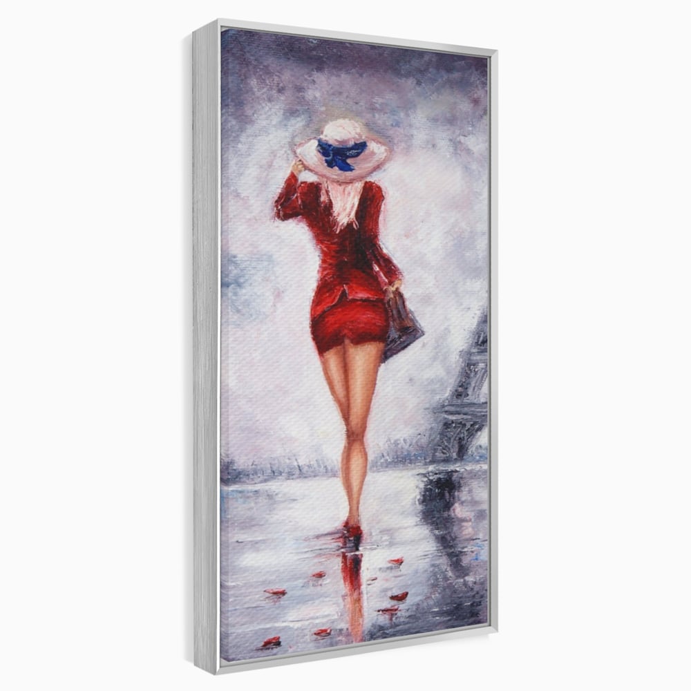 Tablou Canvas Premium LuxCanva® A1267, Lady In Paris, Femeie, Turnul Eiffel, Rochie Rosie, Dormitor, Culori Vibrante