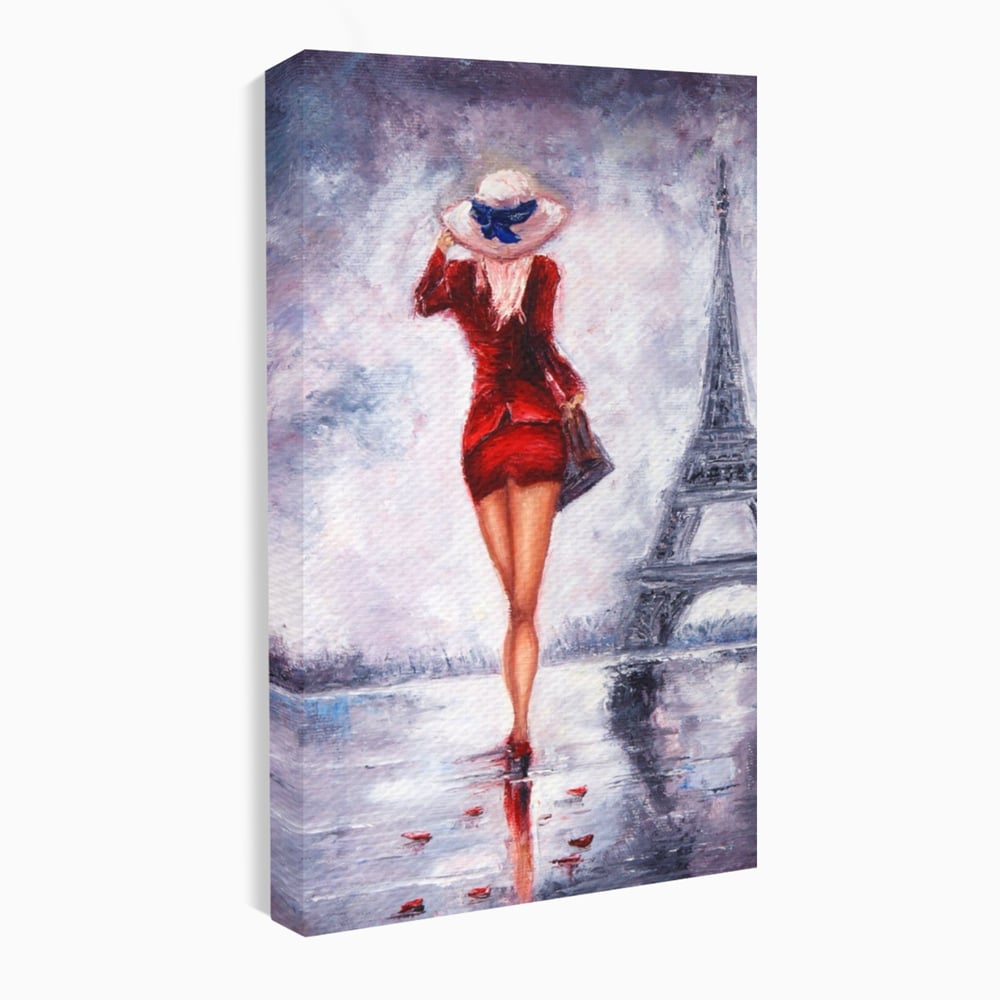 Tablou Canvas Premium LuxCanva® A1267, Lady In Paris, Femeie, Turnul Eiffel, Rochie Rosie, Dormitor, Culori Vibrante