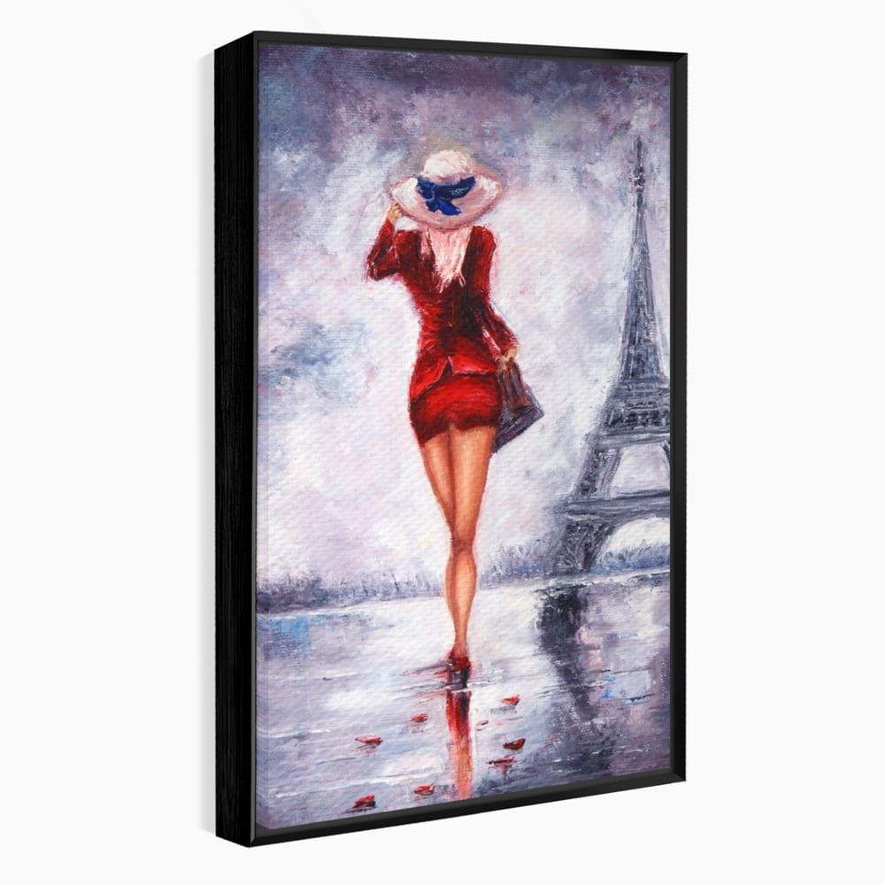 Tablou Canvas Premium LuxCanva® A1267, Lady In Paris, Femeie, Turnul Eiffel, Rochie Rosie, Dormitor, Culori Vibrante
