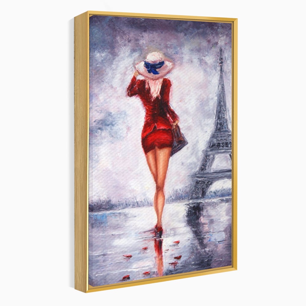 Tablou Canvas Premium LuxCanva® A1267, Lady In Paris, Femeie, Turnul Eiffel, Rochie Rosie, Dormitor, Culori Vibrante
