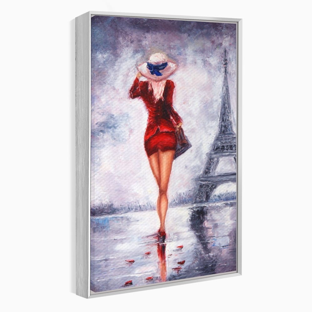Tablou Canvas Premium LuxCanva® A1267, Lady In Paris, Femeie, Turnul Eiffel, Rochie Rosie, Dormitor, Culori Vibrante