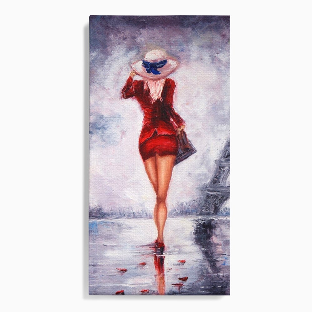 Tablou Canvas Premium LuxCanva® A1267, Lady In Paris, Femeie, Turnul Eiffel, Rochie Rosie, Dormitor, Culori Vibrante