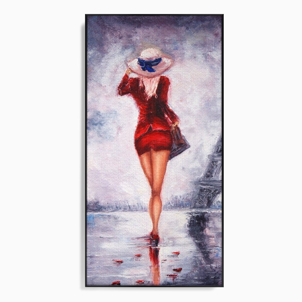 Tablou Canvas Premium LuxCanva® A1267, Lady In Paris, Femeie, Turnul Eiffel, Rochie Rosie, Dormitor, Culori Vibrante