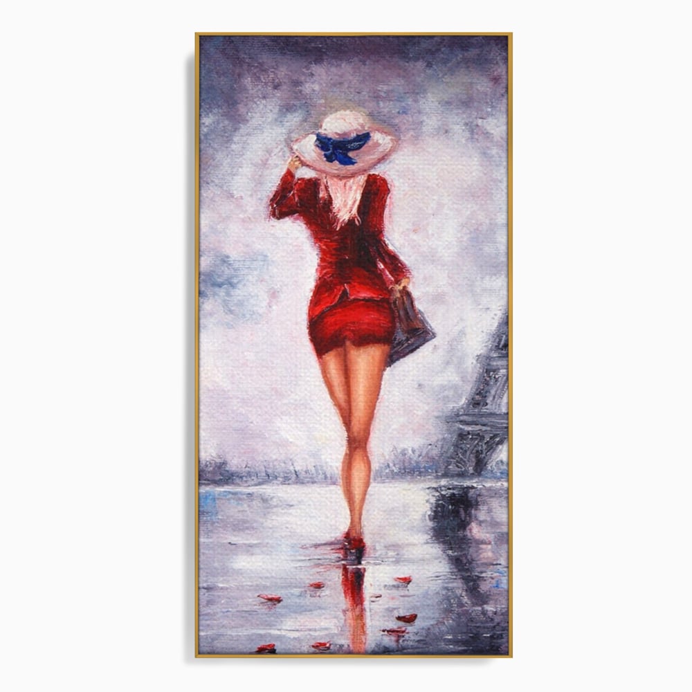 Tablou Canvas Premium LuxCanva® A1267, Lady In Paris, Femeie, Turnul Eiffel, Rochie Rosie, Dormitor, Culori Vibrante
