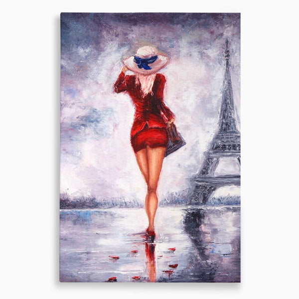 Tablou Canvas Premium LuxCanva® A1267, Lady In Paris, Femeie, Turnul Eiffel, Rochie Rosie, Dormitor, Culori Vibrante