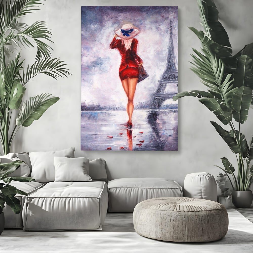 Tablou Canvas Premium LuxCanva® A1267, Lady In Paris, Femeie, Turnul Eiffel, Rochie Rosie, Dormitor, Culori Vibrante