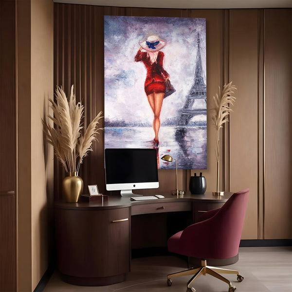 Tablou Canvas Premium LuxCanva® A1267, Lady In Paris, Femeie, Turnul Eiffel, Rochie Rosie, Dormitor, Culori Vibrante