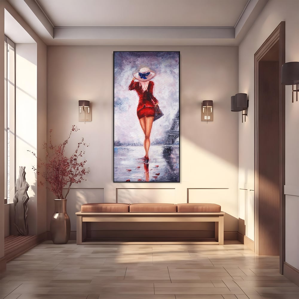 Tablou Canvas Premium LuxCanva® A1267, Lady In Paris, Femeie, Turnul Eiffel, Rochie Rosie, Dormitor, Culori Vibrante