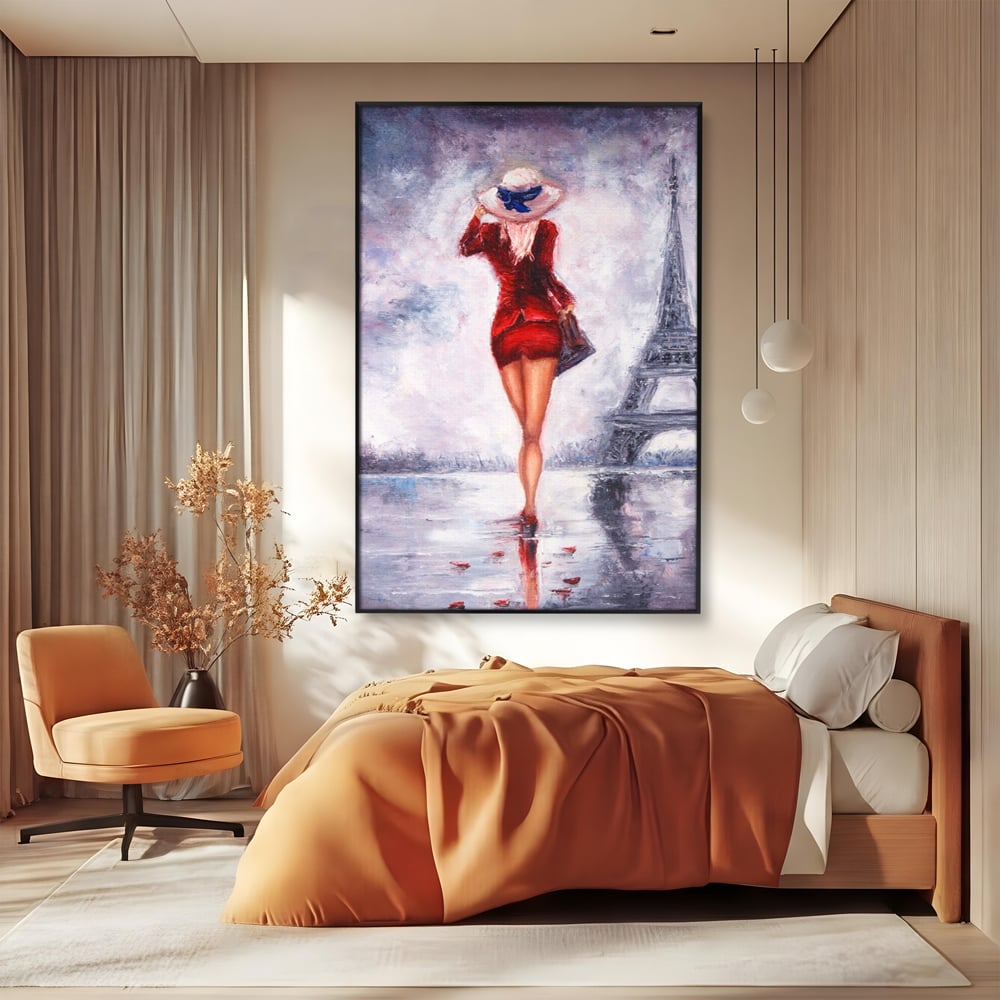 Tablou Canvas Premium LuxCanva® A1267, Lady In Paris, Femeie, Turnul Eiffel, Rochie Rosie, Dormitor, Culori Vibrante