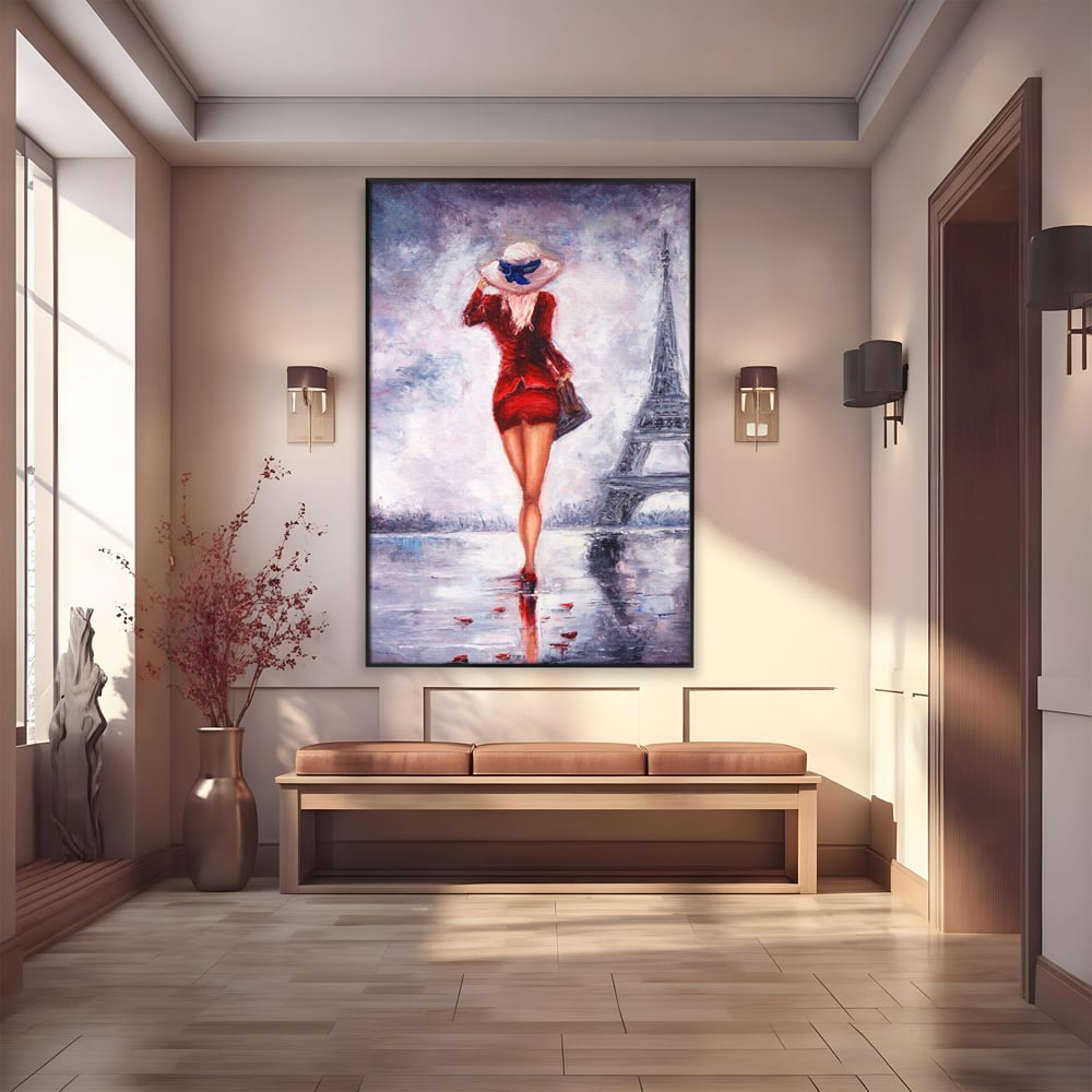 Tablou Canvas Premium LuxCanva® A1267, Lady In Paris, Femeie, Turnul Eiffel, Rochie Rosie, Dormitor, Culori Vibrante