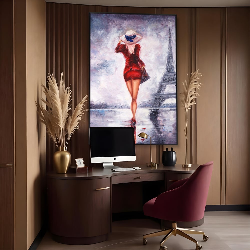 Tablou Canvas Premium LuxCanva® A1267, Lady In Paris, Femeie, Turnul Eiffel, Rochie Rosie, Dormitor, Culori Vibrante