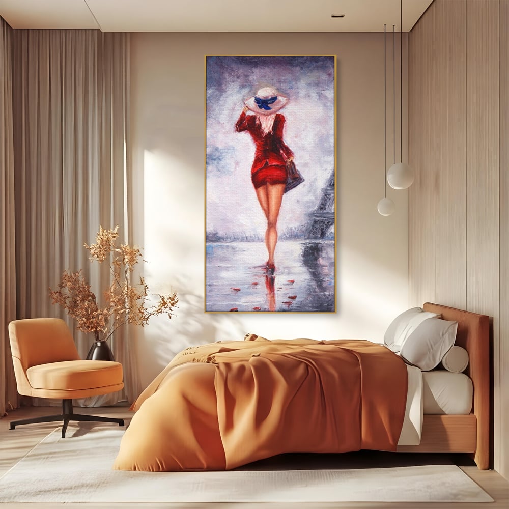 Tablou Canvas Premium LuxCanva® A1267, Lady In Paris, Femeie, Turnul Eiffel, Rochie Rosie, Dormitor, Culori Vibrante