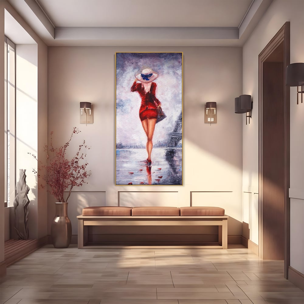 Tablou Canvas Premium LuxCanva® A1267, Lady In Paris, Femeie, Turnul Eiffel, Rochie Rosie, Dormitor, Culori Vibrante