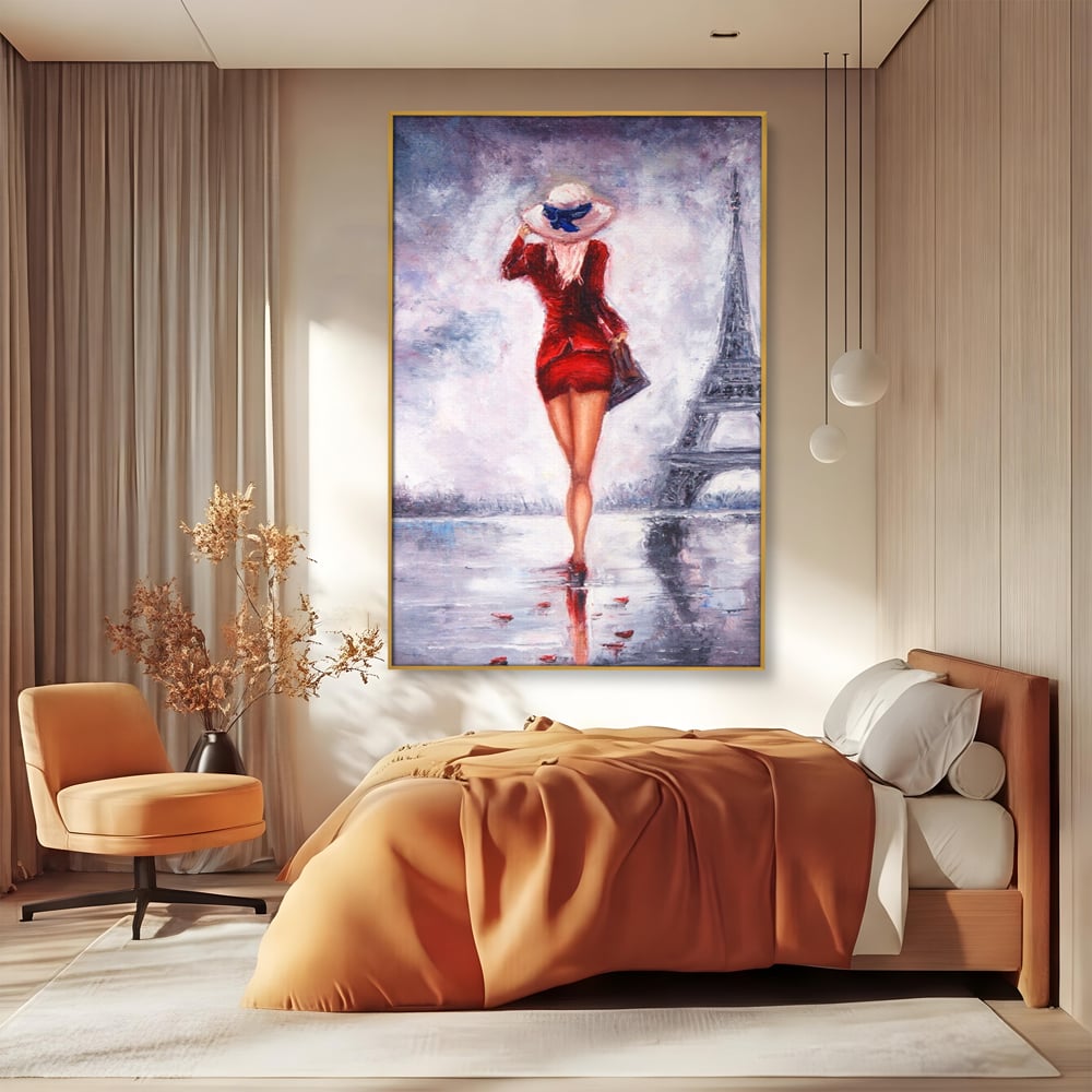 Tablou Canvas Premium LuxCanva® A1267, Lady In Paris, Femeie, Turnul Eiffel, Rochie Rosie, Dormitor, Culori Vibrante