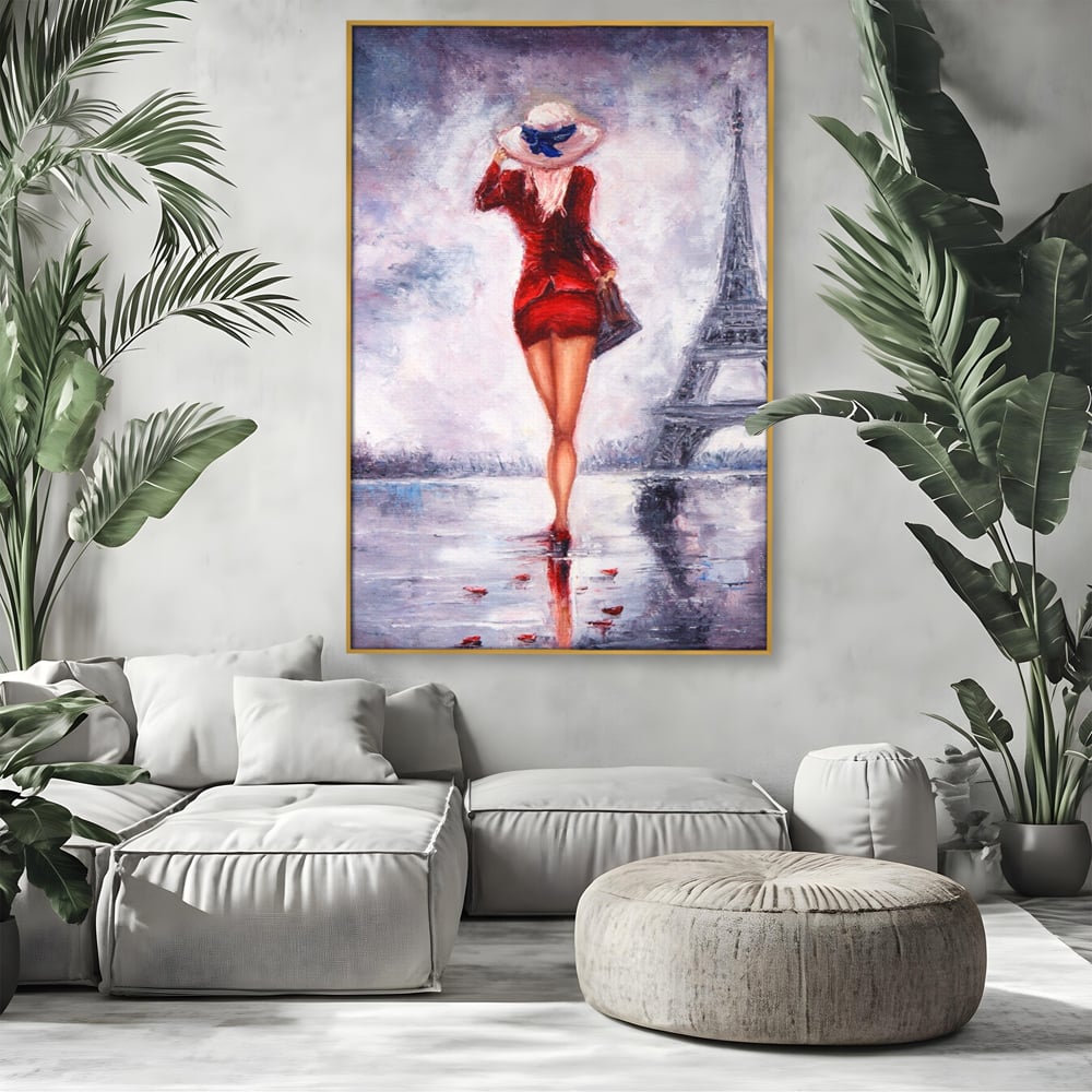 Tablou Canvas Premium LuxCanva® A1267, Lady In Paris, Femeie, Turnul Eiffel, Rochie Rosie, Dormitor, Culori Vibrante