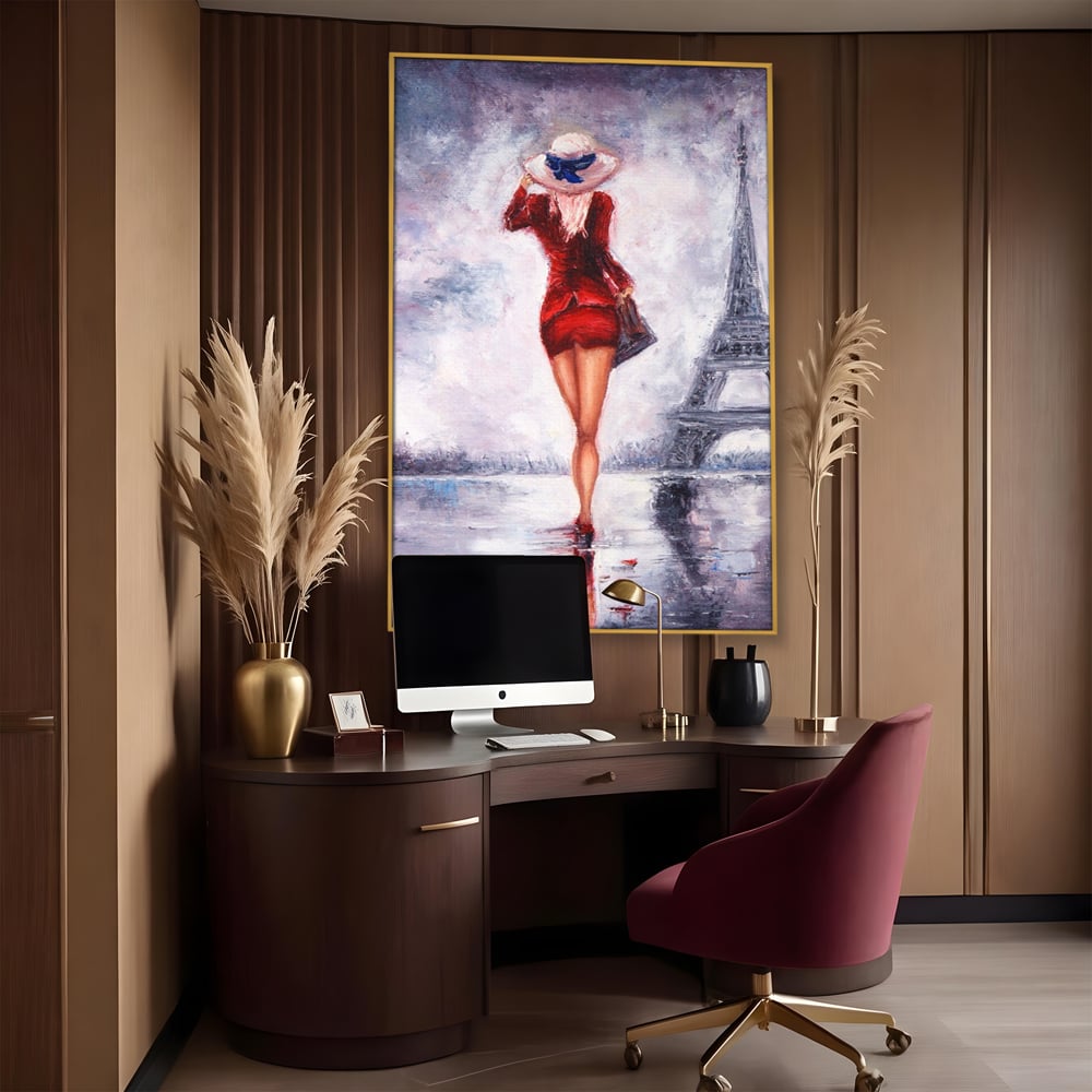 Tablou Canvas Premium LuxCanva® A1267, Lady In Paris, Femeie, Turnul Eiffel, Rochie Rosie, Dormitor, Culori Vibrante