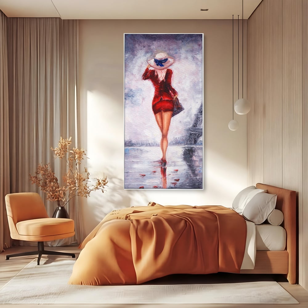 Tablou Canvas Premium LuxCanva® A1267, Lady In Paris, Femeie, Turnul Eiffel, Rochie Rosie, Dormitor, Culori Vibrante