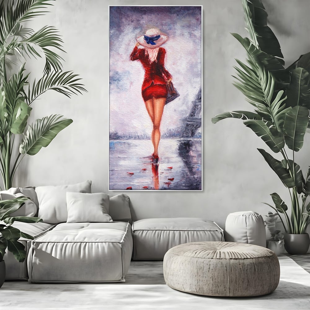 Tablou Canvas Premium LuxCanva® A1267, Lady In Paris, Femeie, Turnul Eiffel, Rochie Rosie, Dormitor, Culori Vibrante