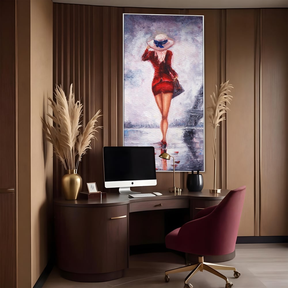 Tablou Canvas Premium LuxCanva® A1267, Lady In Paris, Femeie, Turnul Eiffel, Rochie Rosie, Dormitor, Culori Vibrante