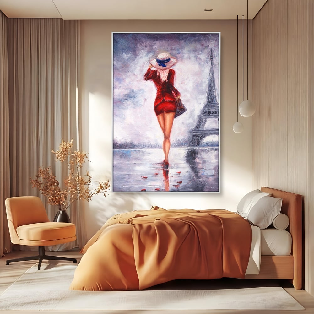 Tablou Canvas Premium LuxCanva® A1267, Lady In Paris, Femeie, Turnul Eiffel, Rochie Rosie, Dormitor, Culori Vibrante