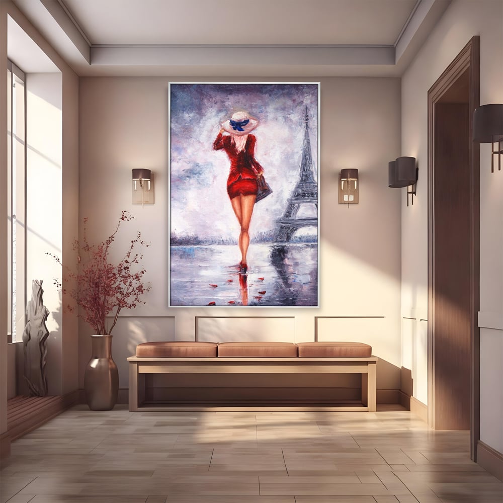 Tablou Canvas Premium LuxCanva® A1267, Lady In Paris, Femeie, Turnul Eiffel, Rochie Rosie, Dormitor, Culori Vibrante