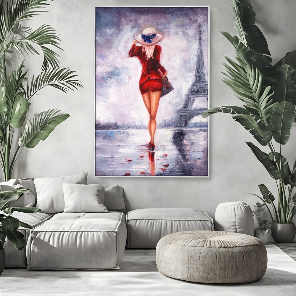 Tablou Canvas Premium LuxCanva® A1267, Lady In Paris, Femeie, Turnul Eiffel, Rochie Rosie, Dormitor, Culori Vibrante