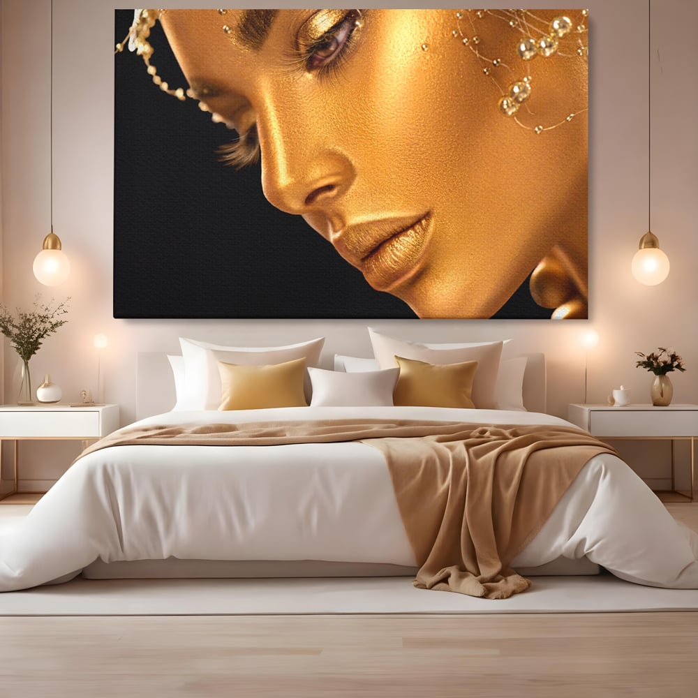 Tablou Canvas Premium LuxCanva® A1268, Beautiful Woman, Femeie, Auriu, Fumusete, Dressing, Culori Vibrante