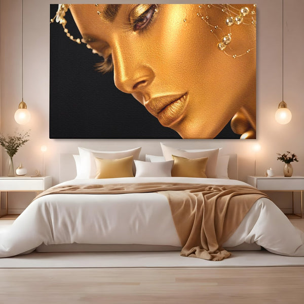 Tablou Canvas Premium LuxCanva® A1268, Beautiful Woman, Femeie, Auriu, Fumusete, Dressing, Culori Vibrante